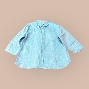 Chico's Linen Shirt Womens 12/14 Turquoise No-Iron Sustainable Button-Up